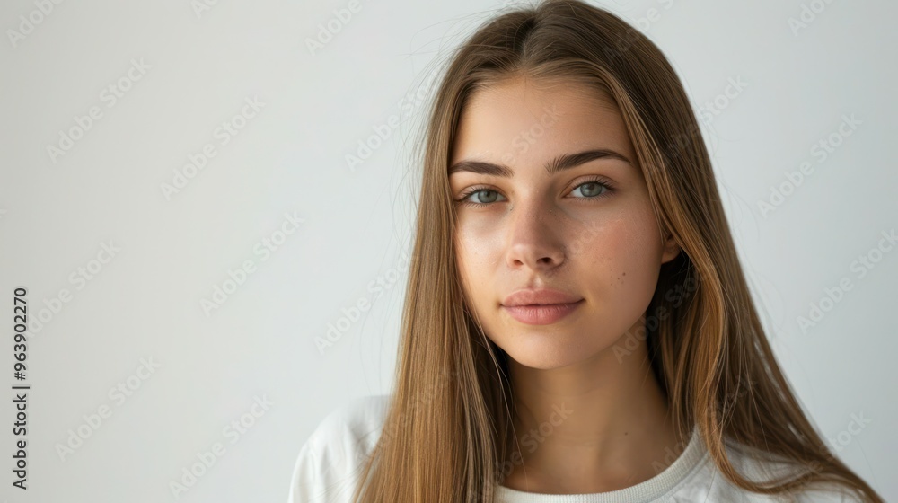 Portrait of woman with shiny straight brown hair on white background. Concept Beauty, Haircare, Fashion, Studio Photoshoot, Women's Style Portrait of woman with shiny straight brown hair on white background. Concept Beauty, Haircare, Fashion, Studio Photoshoot, Women's Style
