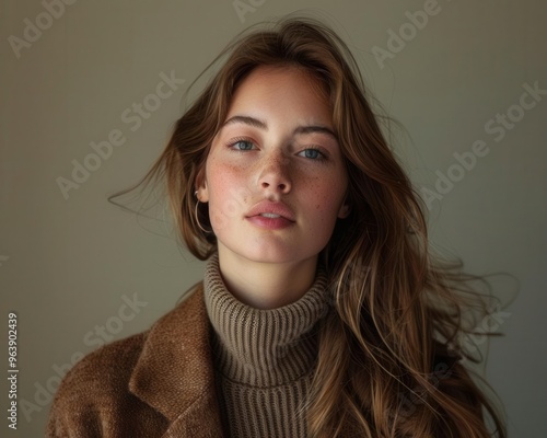 Studio portrait of a young woman, soft and diffused lighting, clean and minimalist background, focus on her natural beauty and stylish outfit, midlevel shot photo