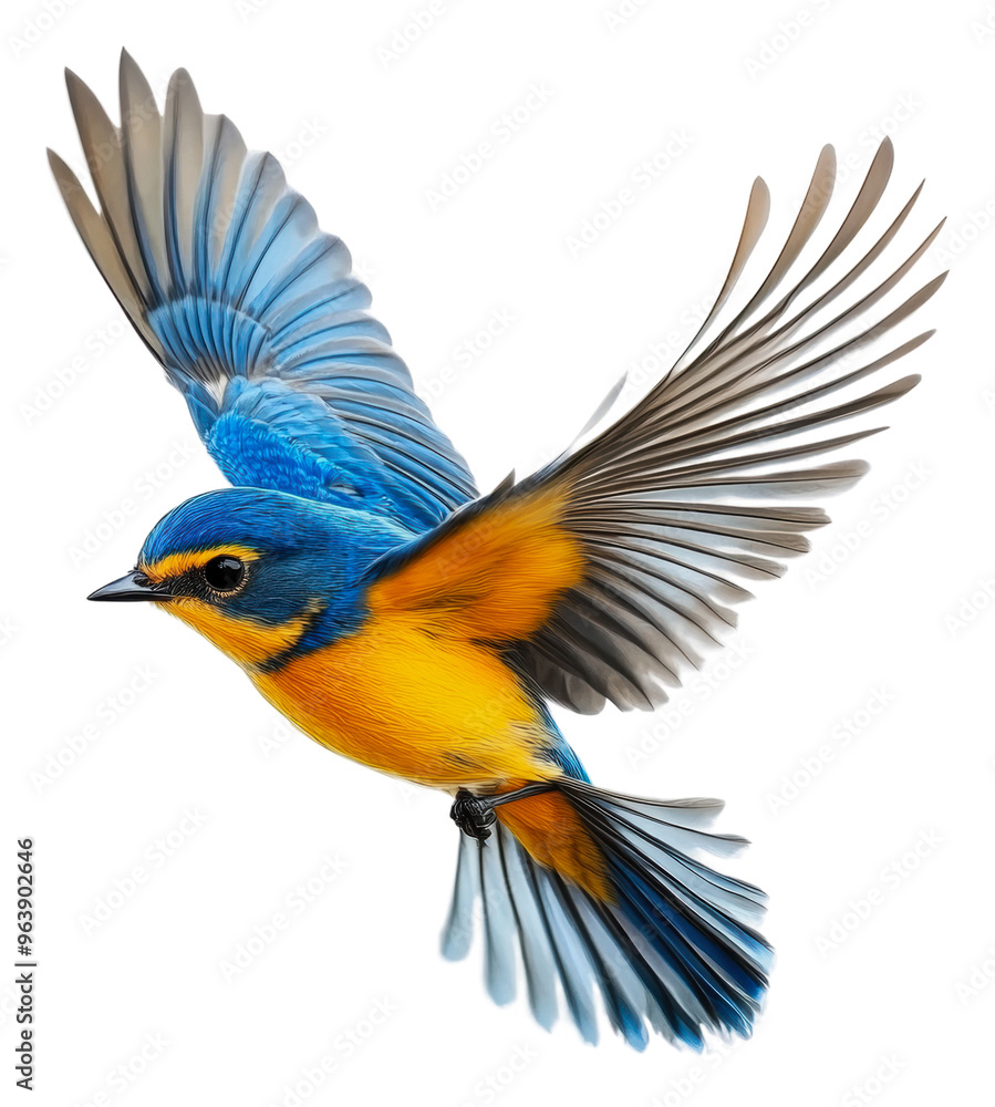 Obraz premium Colorful bird in flight against a white backdrop, cut out - stock png.