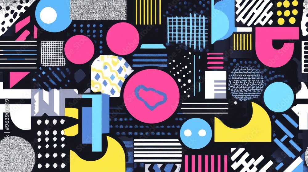 Vibrant geometric patterns in a retro s style, featuring bold shapes and textures on a sleek black background. Vibrant geometric patterns in a retro s style, featuring bold shapes and textures on a sleek black background.