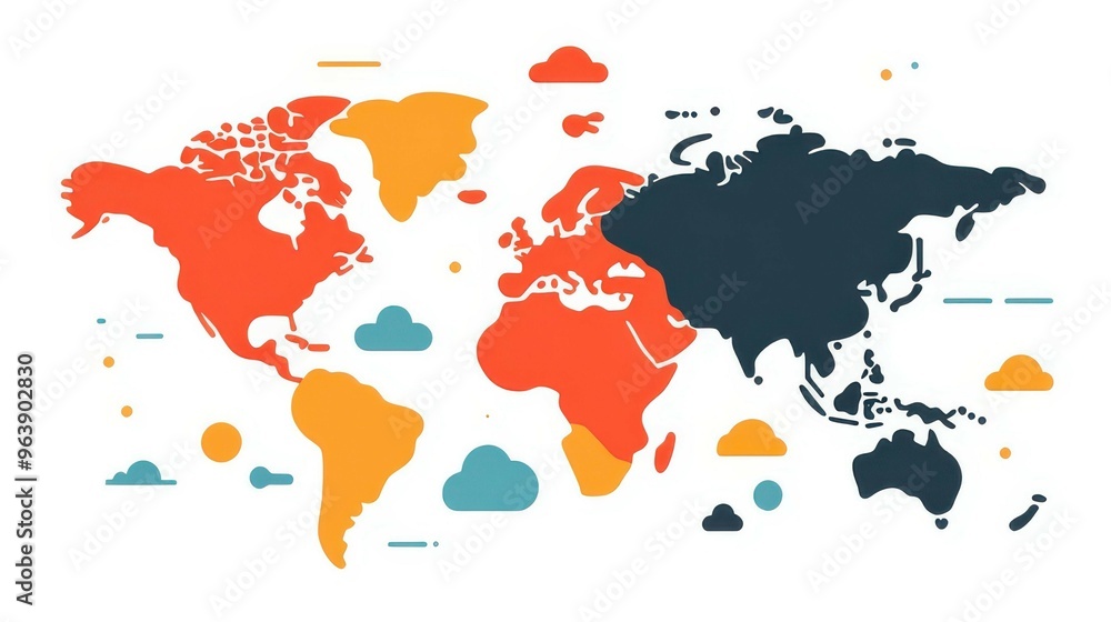 Naklejka premium A modern, abstract illustration showcasing a global network connection through a vibrant world map design.
