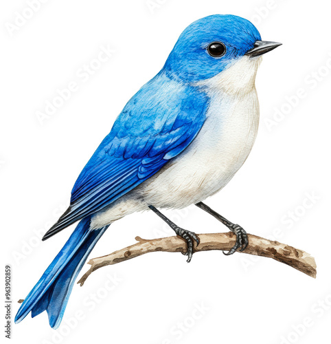 Blue bird perched on a branch in natural habitat, cut out - stock png.