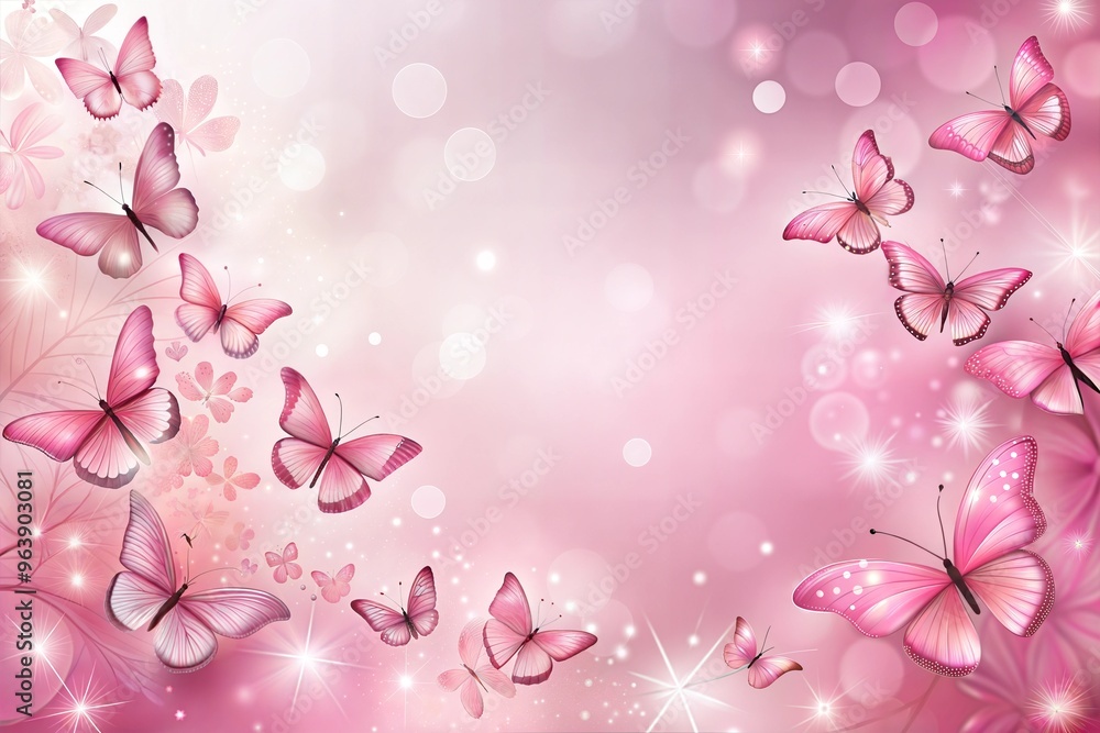 Graceful pink butterflies in whimsical spring bloom background with sparkles and bokeh Graceful pink butterflies in whimsical spring bloom background with sparkles and bokeh
