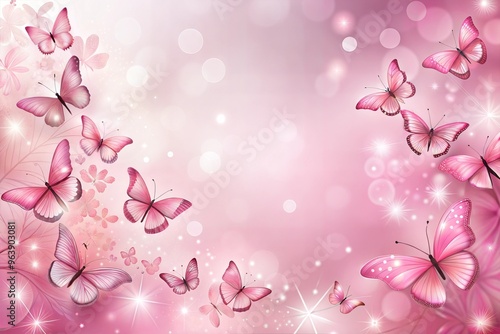 Graceful pink butterflies in whimsical spring bloom background with sparkles and bokeh