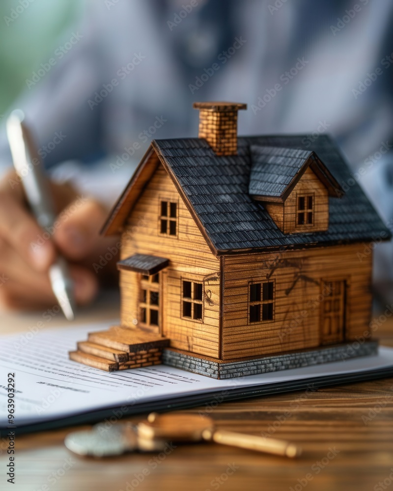 The real estate agent or realtor signing mortgage agreement for new home with couple of happy young clients Concept of home loan and buying own property Close up of miniature house Gen The real estate agent or realtor signing mortgage agreement for new home with couple of happy young clients Concept of home loan and buying own property Close up of miniature house Gen
