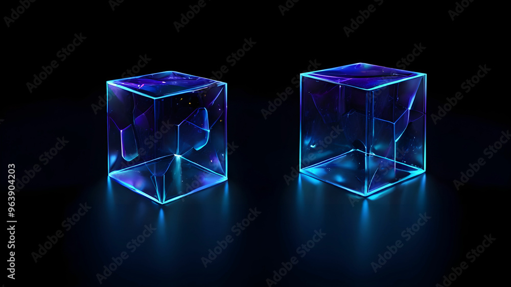Nano particles of Innovation technology with holographic glowing low polygonal light diagonal boxes dark background. Nano particles of Innovation technology with holographic glowing low polygonal light diagonal boxes dark background.