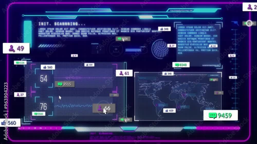 Animation of social media icons with numbers over data processing on black background Animation of social media icons with numbers over data processing on black background