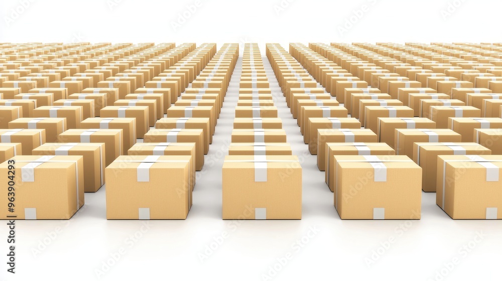 Fototapeta premium Rows of Brown Cardboard Boxes with White Tape Shipping and Delivery Concept