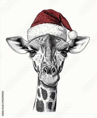 Black and white Vintage engraved art of a giraffe wearing a Christmas Santa hat, isolated on white background, ink sketch illustration, simple vector art design, highly detailed line art, high  photo