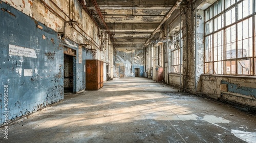 An abandoned factory with peeling paint and empty, dusty rooms.