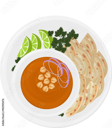 Vector Illustration Logo Clipart Chana masala Spicy Chickpea curry with Pita Bread