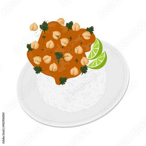 Vector Illustration Logo Clipart Levitation Chana masala spicy Chickpea curry with basmati rice
