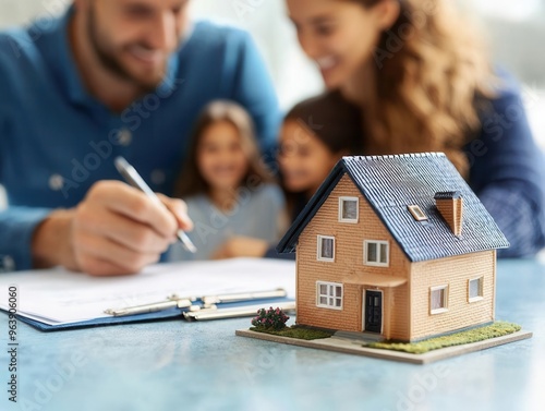 Close-up of a real estate agent or realtor signing a mortgage agreement with a happy young couple, featuring a miniature house in the foreground