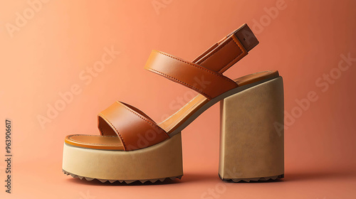 Brown leather platform sandals with chunky heels on a peach background. photo