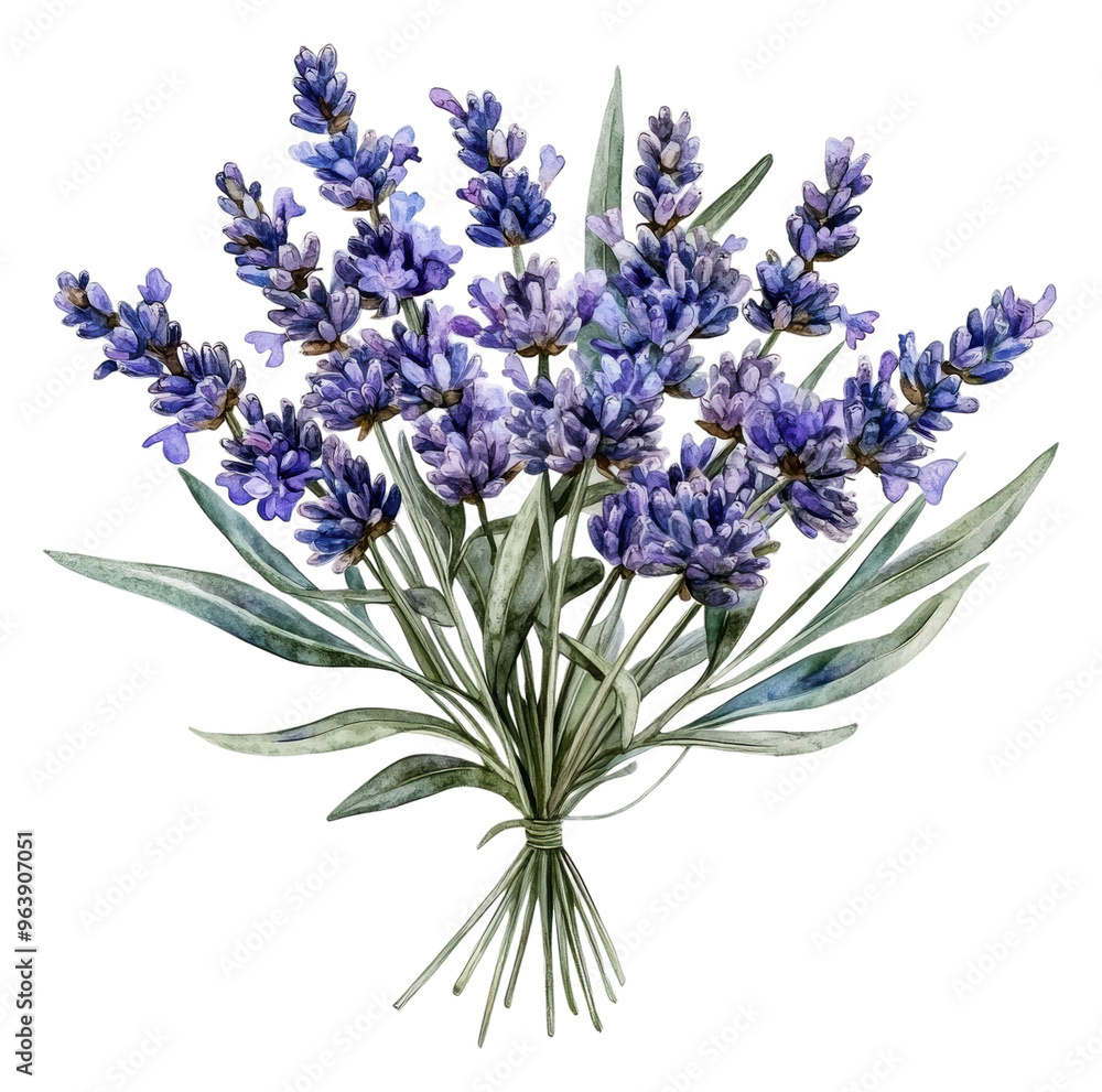 Fototapeta premium Lavender bouquet illustration on white, cut out - stock png.