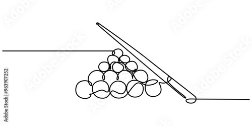 Single continuous line drawing of triangle pyramid balls stack for pool billiards game at billiard room. Indoor sport game concept. Trendy one line draw design pro vector illustration graphic