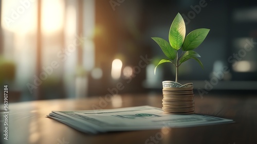 A green plant emerging from a roll of coins, symbolizing growth and financial wellness in a modern workspace.
