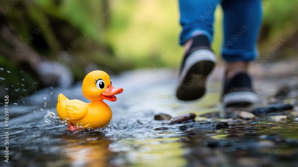 Adorable Yellow Rubber Duck Floating in the Calm River Waters Adorable Yellow Rubber Duck Floating in the Calm River Waters