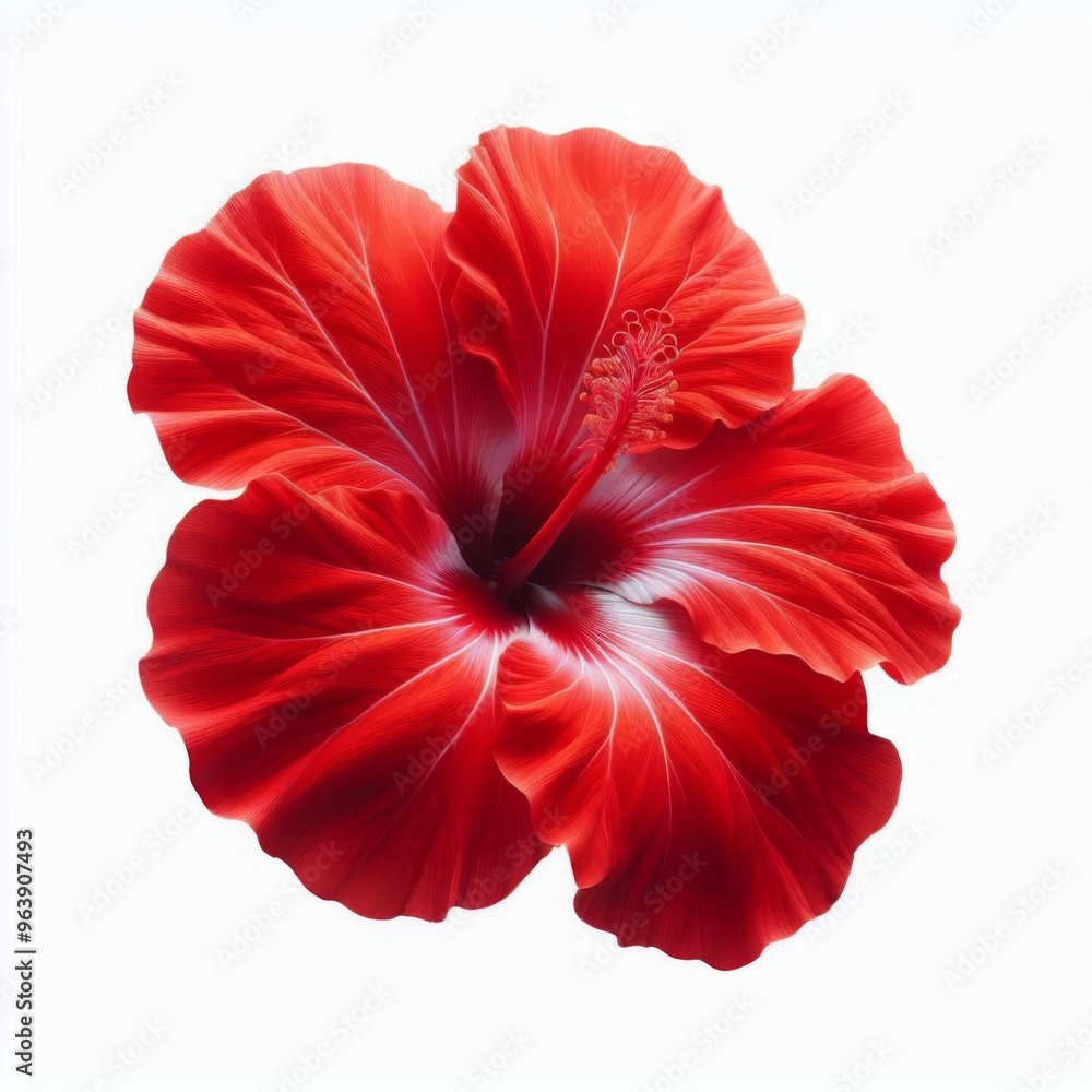 Bright red hibiscus flower fully bloomed, isolated on a clean white background Bright red hibiscus flower fully bloomed, isolated on a clean white background