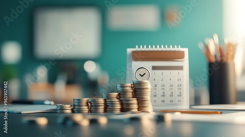 A stack of coins beside a calendar, symbolizing budgeting and financial planning in a modern workspace.