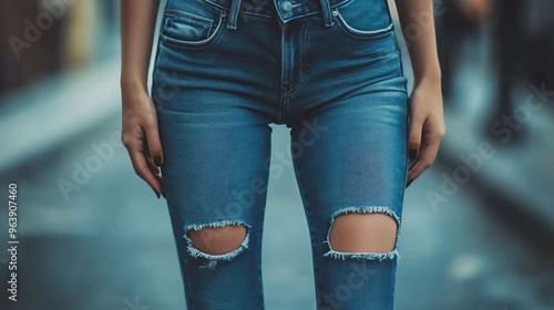 A woman wearing blue ripped jeans.