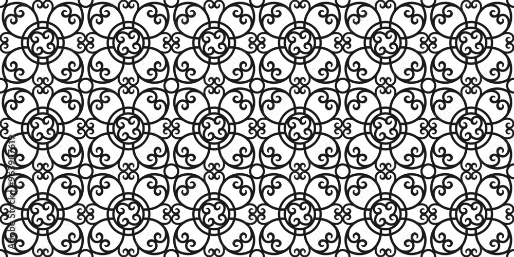 Black and white background with repeating openwork curly ornament. Abstract endless texture with elegant lace lattice. Vector seamless pattern for wrapping paper, giftwrap, surface texture and print
