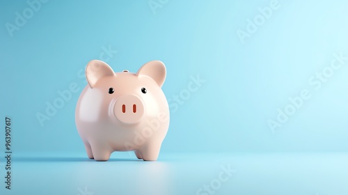 A cute, ceramic piggy bank stands on a smooth surface, symbolizing savings and financial management against a soft blue background.