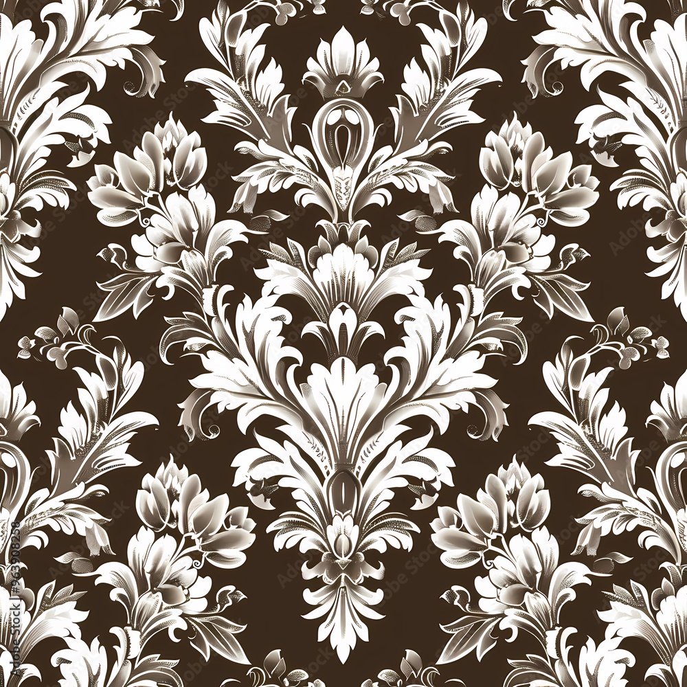 Elegant brown floral damask pattern on a white background for sophisticated decor. Elegant brown floral damask pattern on a white background for sophisticated decor.
