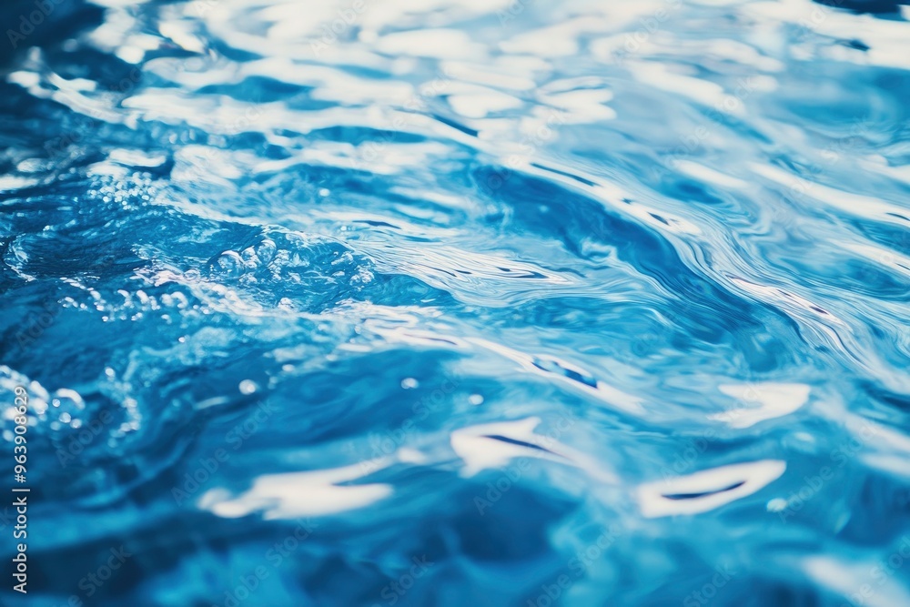Blue water with ripples on the surface. Defocus blurred transparent blue colored clear calm water surface texture with splashes and bubbles. Water waves with shining pattern texture background, ai Blue water with ripples on the surface. Defocus blurred transparent blue colored clear calm water surface texture with splashes and bubbles. Water waves with shining pattern texture background, ai