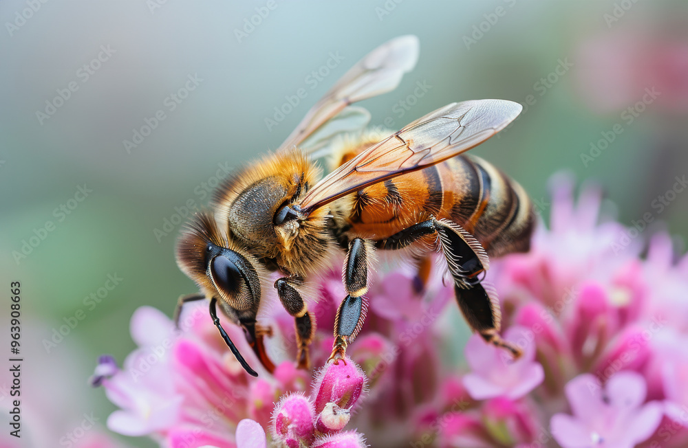 A bee is on a pink flower. The bee is brown and black A bee is on a pink flower. The bee is brown and black