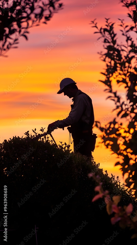 Silhouetted Gardener Trimming Bushes at Sunset Silhouetted Gardener Trimming Bushes at Sunset