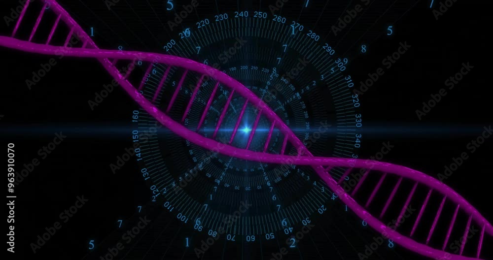Animation of dna strand over data processing on black background Animation of dna strand over data processing on black background