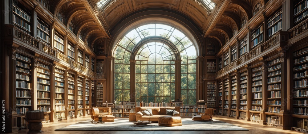Grand Library Interior with Arched Window Grand Library Interior with Arched Window
