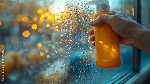 A hand holding a bright orange spray bottle against a misty window, capturing a serene indoor moment with warm bokeh lights. photo