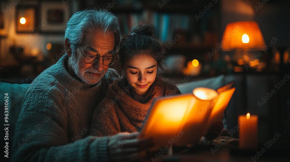 A heartwarming scene of a grandparent and grandchild sharing a story by candlelight, creating lasting memories together. A heartwarming scene of a grandparent and grandchild sharing a story by candlelight, creating lasting memories together.