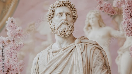 Closeup of a Marble Statue of a Man with a Beard in a Pink Room Decorated with Cherry Blossoms