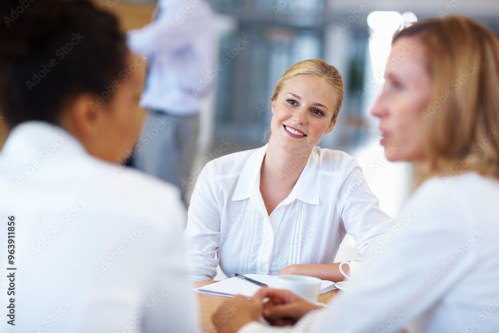 Business people, women and conversation in meeting, planning and brainstorming for ideas. Female professionals, coworkers or group with discussion, cooperation or feedback for opportunity or proposal