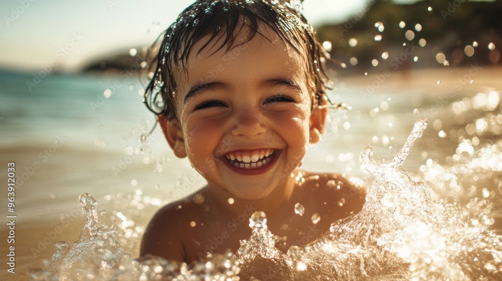 Joyful Boy Splashing in the Ocean at Sunset on the Beach Joyful Boy Splashing in the Ocean at Sunset on the Beach