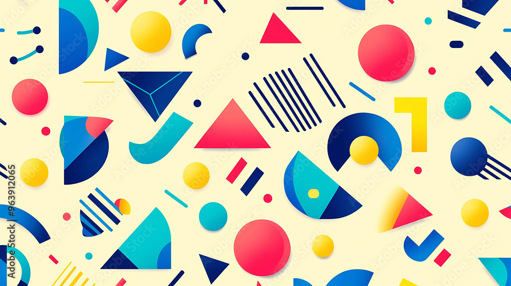 A colorful geometric pattern with various shapes and colors on a light background. A colorful geometric pattern with various shapes and colors on a light background.