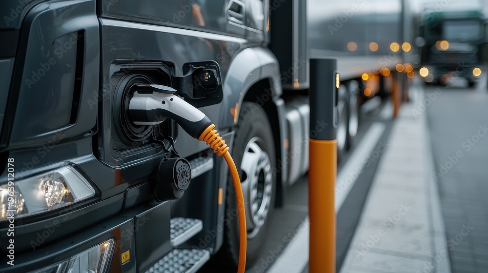 Electric Semi Truck Charging at Station with Plug Close Up Electric Semi Truck Charging at Station with Plug Close Up