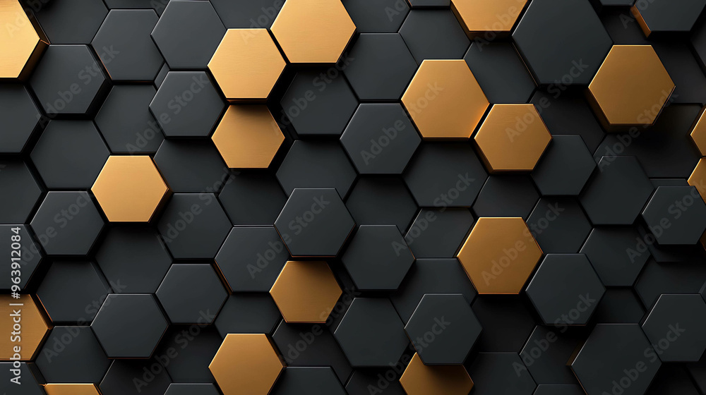 Geometric pattern of black and gold hexagons. Geometric pattern of black and gold hexagons.