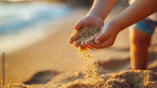 Grains of Sand Flowing Through Hands on Tropical Beach