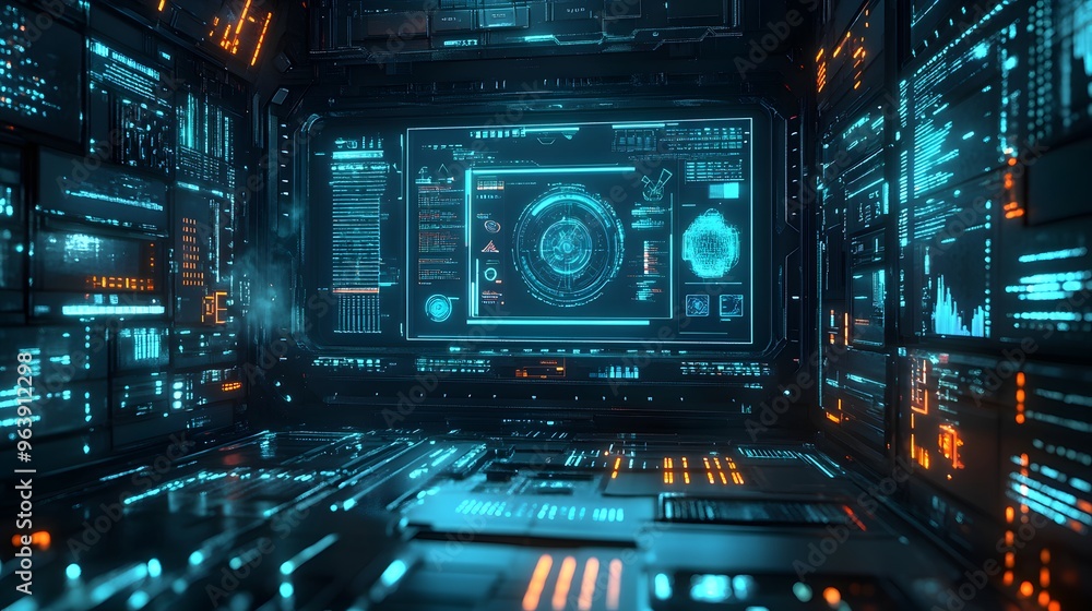 A Futuristic Computer-Themed Wallpaper Featuring a Sleek Digital Interface A Futuristic Computer-Themed Wallpaper Featuring a Sleek Digital Interface