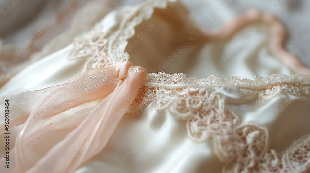 Close up of a silky white fabric with a delicate lace trim and a soft pink ribbon tied in a bow. Close up of a silky white fabric with a delicate lace trim and a soft pink ribbon tied in a bow.
