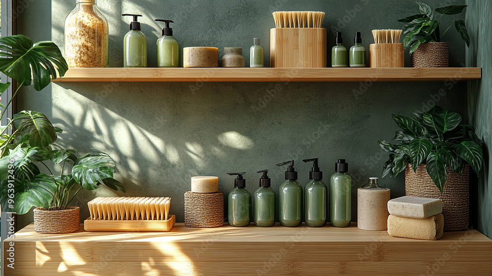 A serene bathroom scene with natural products on wooden shelves, highlighting eco-friendly packaging and calming greenery. A serene bathroom scene with natural products on wooden shelves, highlighting eco-friendly packaging and calming greenery.