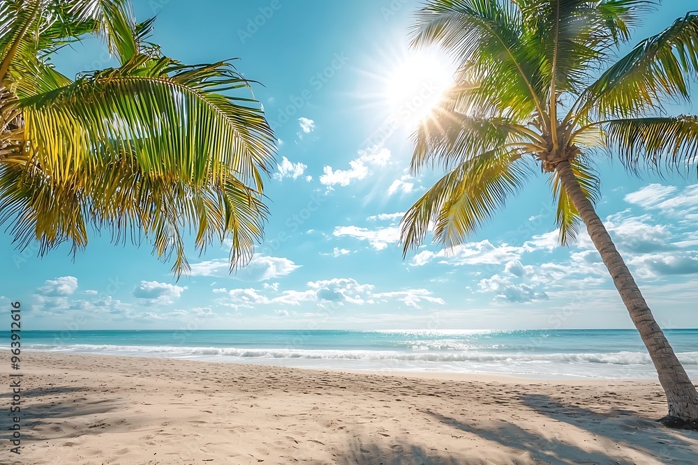 Fototapeta premium Tropical Paradise: Sunlit Palm Trees on a Pristine Beach