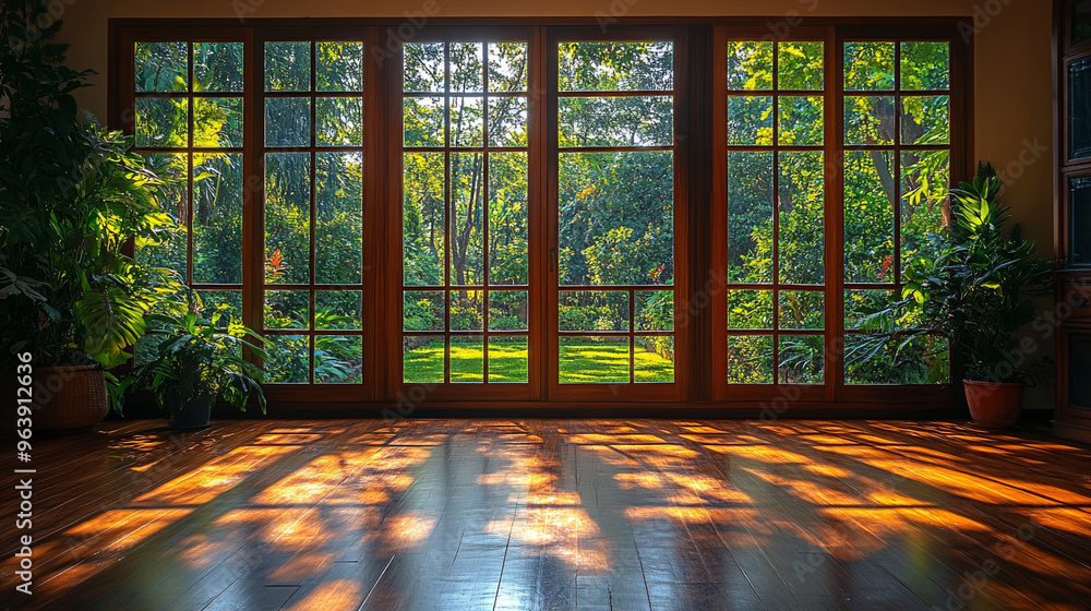 A serene interior view with large windows showcasing a vibrant garden, sunlight filtering through lush greenery onto polished floors. A serene interior view with large windows showcasing a vibrant garden, sunlight filtering through lush greenery onto polished floors.