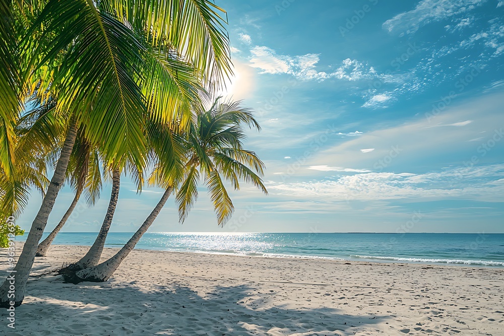 Naklejka premium Serene Beach Paradise: Palm Trees and Tranquil Waters Under a Clear Sky