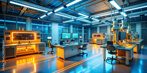 A futuristic engineering lab filled with sleek, metallic equipment and glowing screens.