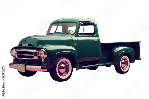 A green pickup truck is parked on a pink background. The truck is old and has a vintage look to it. The pink background gives the image a soft and romantic feel